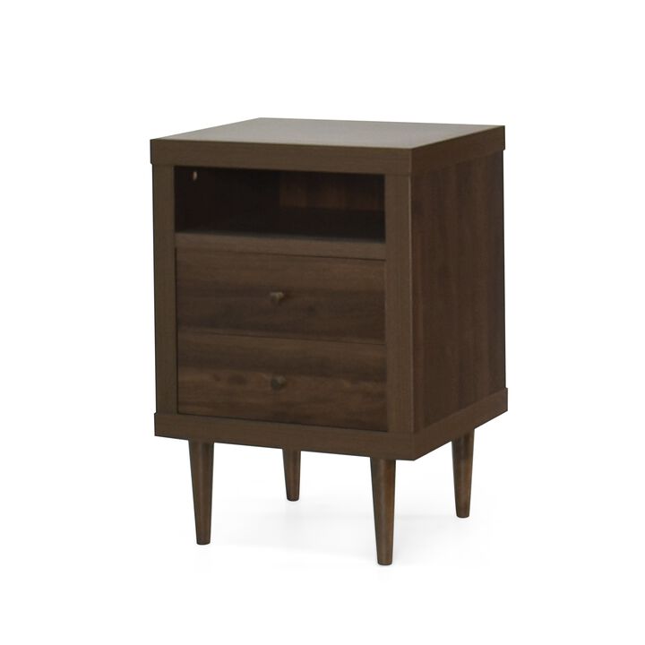 Minie Nightstand with 2 Drawers, Shelf, Rubberwood Legs, Walnut Brown - Benzara