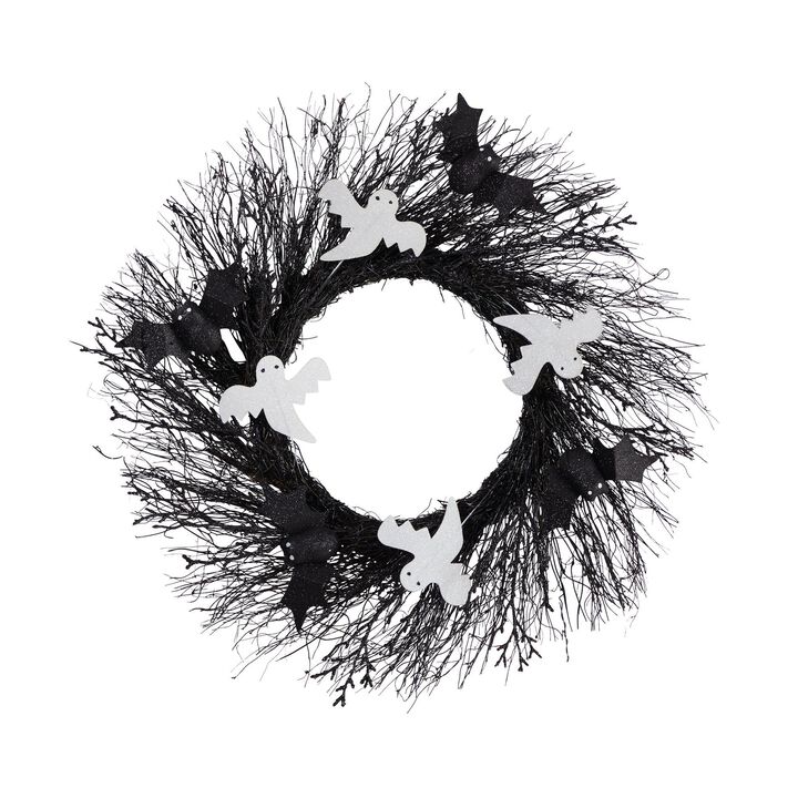 Nearly Natural 22-in Halloween Ghost and Bats Twig Wreath