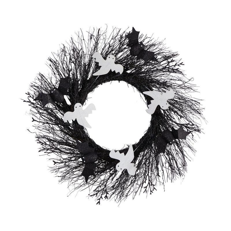 Nearly Natural 22-in Halloween Ghost and Bats Twig Wreath
