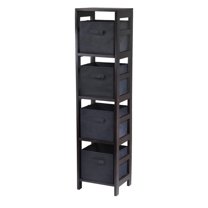 Capri 5-Pc Narrow Storage Shelf with 4 Foldable Fabric Baskets, Espresso and Black