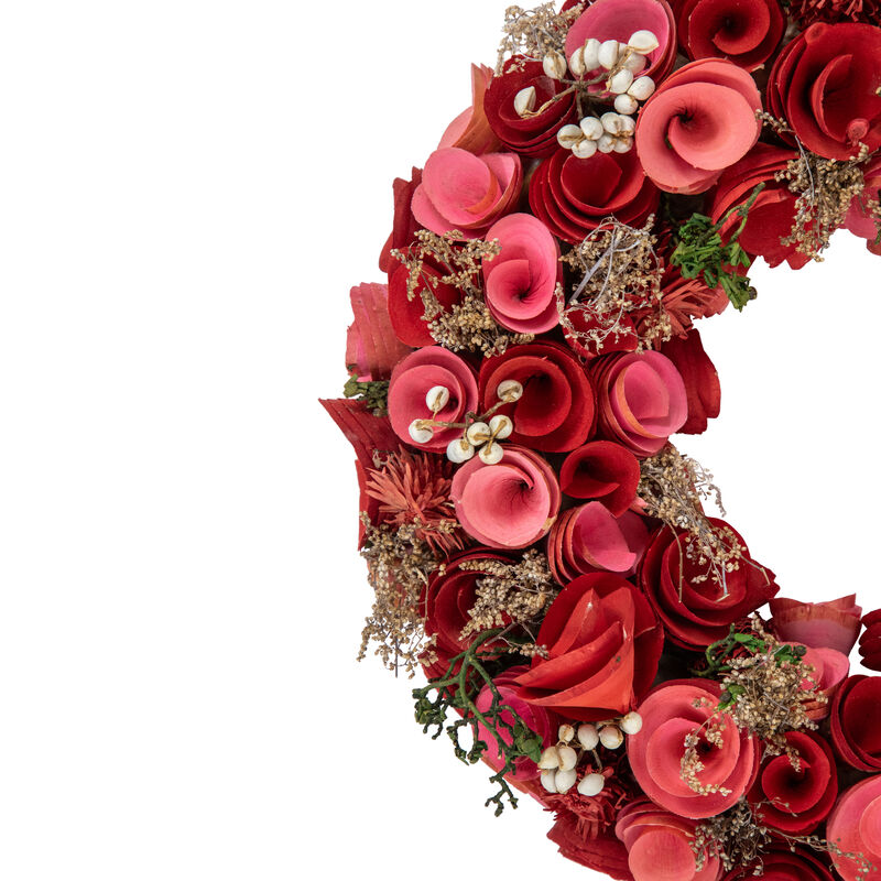 Wooden Roses Artificial Valentine's Day Wreath - 12.25" - Pink and Red