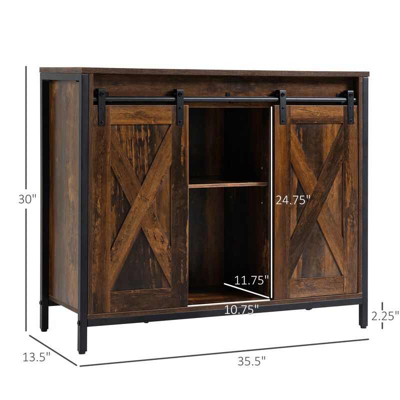 Rustic Brown Dining: Industrial Buffet with Sliding Barn Doors
