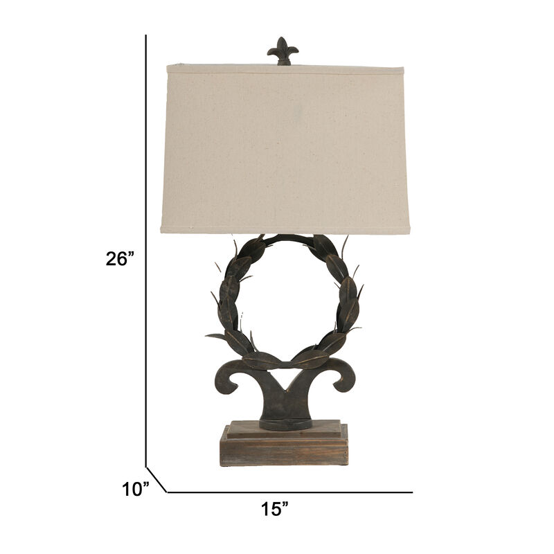 26 Inch Artisanal Table Lamp, Laurel Wreath Iron Frame, Off White, Black-Benzara