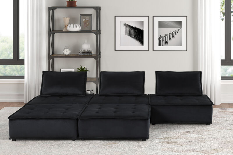 Anna Black Velvet 5 Piece Sectional Sofa Ottoman