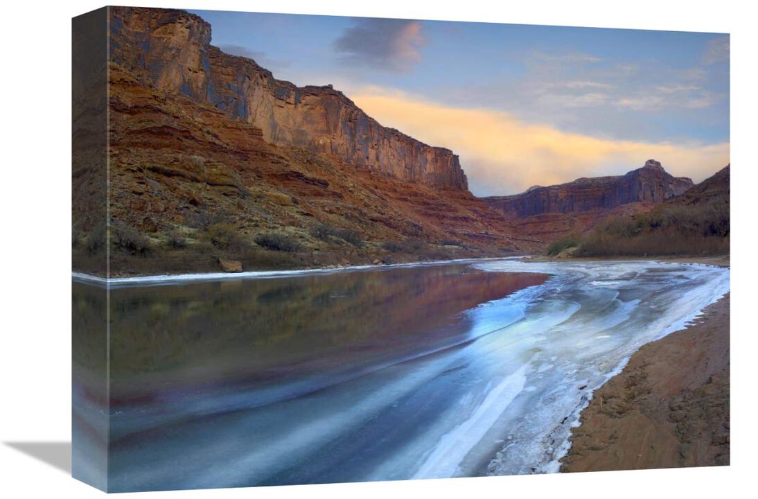 Ice on the Colorado River beneath sandstone cliffs, Cataract Canyon, Utah-Canvas Art-16x12