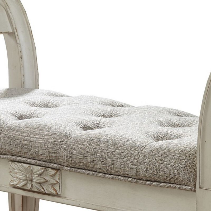 46 Inches Tufted Fabric Padded Wooden Accent Bench, Antique White-Benzara