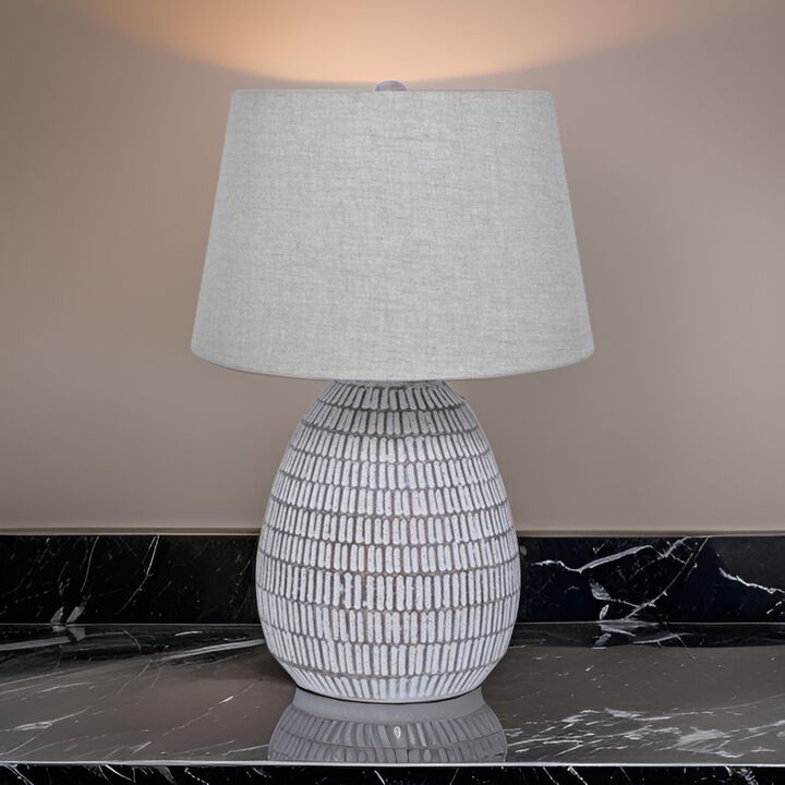 Gyen 29 Inch Table Lamp, Antique White Pattern Pot Base, Gray Empire Shade - Benzara