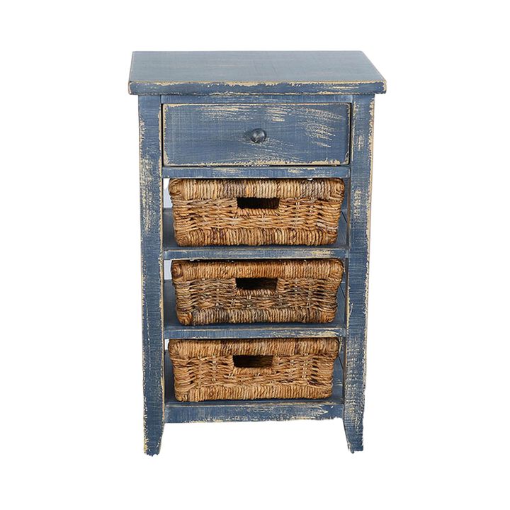 Rena End Table, 3 Natural Rattan Storage Baskets, 20 Inch Blue Wood - Benzara