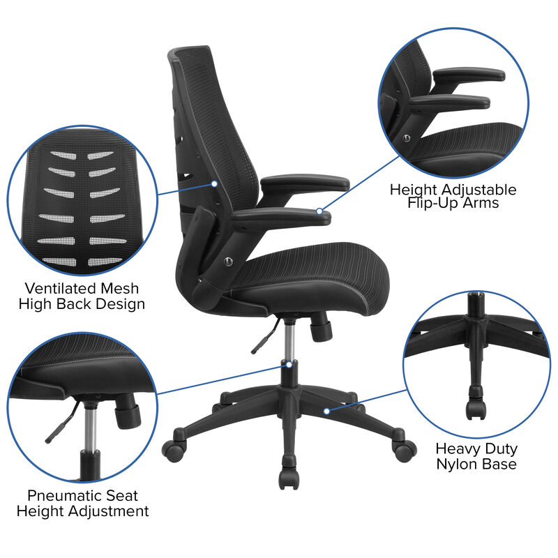 Kale High Back Designer Black Mesh Executive Swivel Ergonomic Office Chair with Height Adjustable Flip-Up Arms
