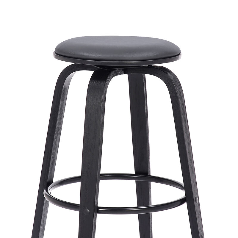 30 Inch Swivel Bar Stool, Wood and Vegan Faux Leather, Gray-Benzara