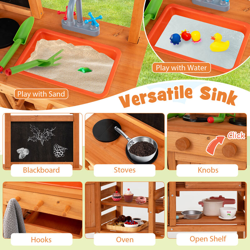 Wooden Pretend Play Kitchen with Height Adjustable Canopy for Kids