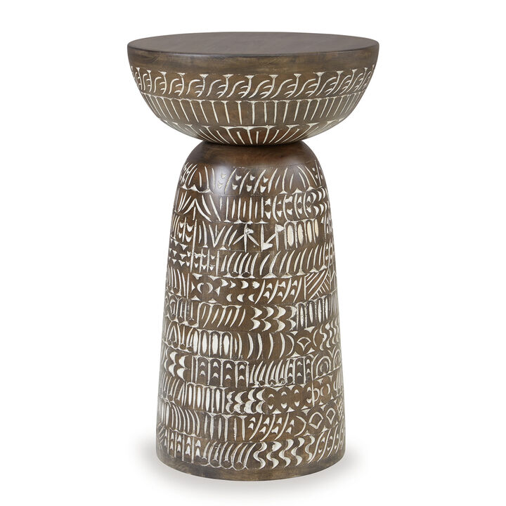 Accent Table, Faux Wood Classical Tribal Carved Design, Brown 14 Inch - Benzara