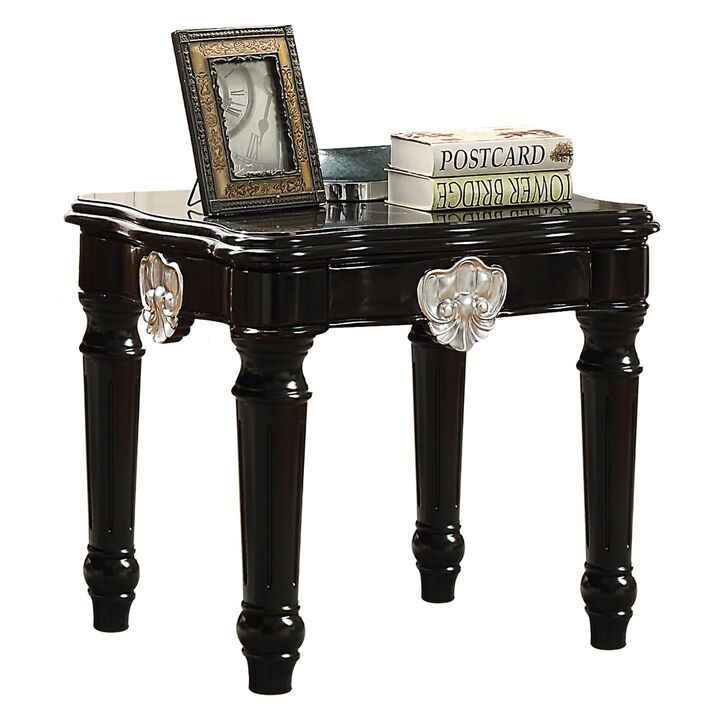 Wooden End Table With Contrast Carved Motif Turned Legs, Black-Benzara