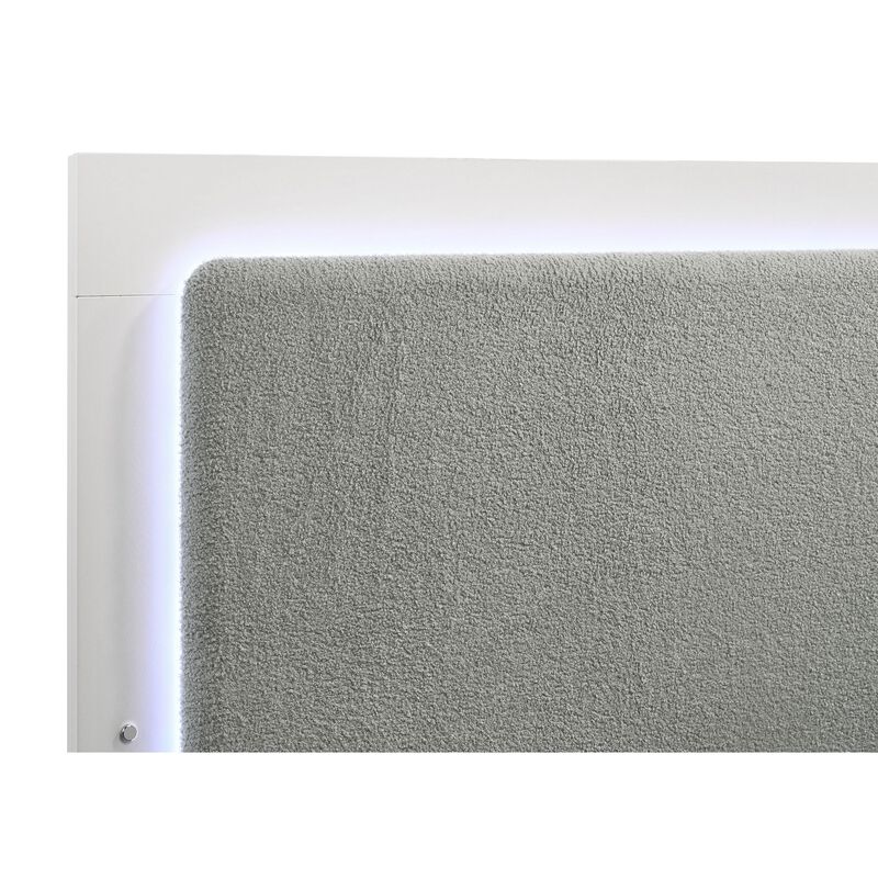 Caer Queen Size Bed, LED Panel Tall Headboard, Gray Upholstery, White Okume -