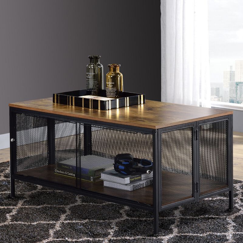 Metal Coffee Table with 1 Bottom Shelf and Mesh Design, Brown and Gray-Benzara