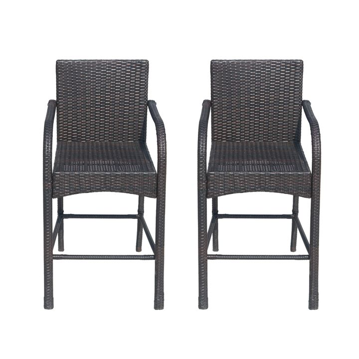 Outdoor Barstool Chair Set of 2, Gray Woven Faux Rattan, Iron Frame -Benzara