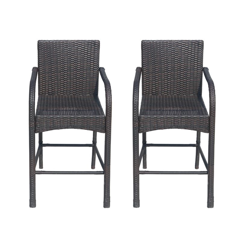 Outdoor Barstool Chair Set of 2, Gray Woven Faux Rattan, Iron Frame -Benzara