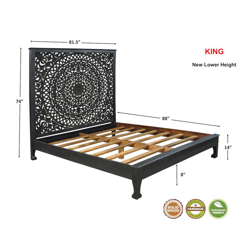 Taran Designs Auden Floral Carved Solid Wood King Panel Bed