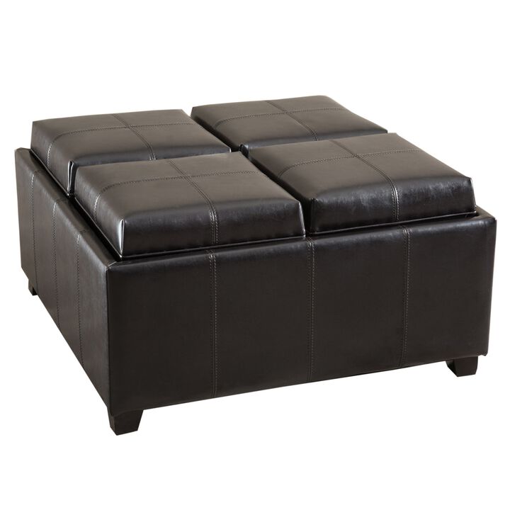 Storage Ottoman, Tufted Chocolate Brown Faux Leather, 35 Inch Square - Benzara