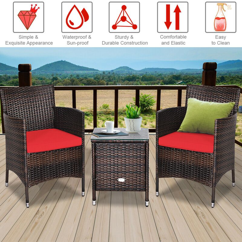 3 Pieces Ergonomic Wicker Patio Conversation Set-Red