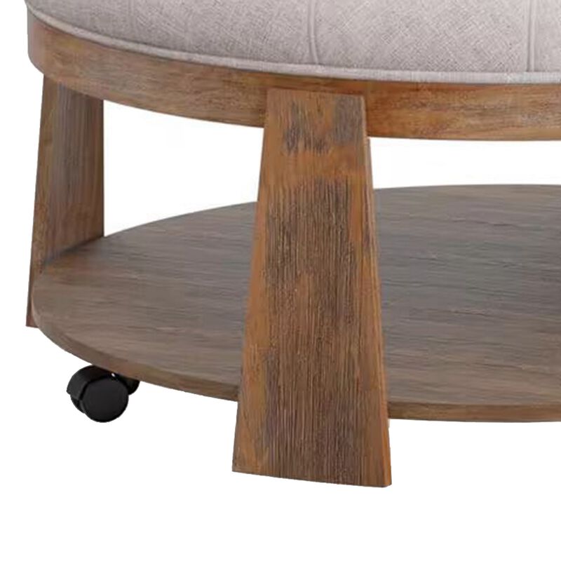 Gus 41 Inch Ottoman Coffee Table, Button Tufted Beige Fabric, Brown Wood - Benzara