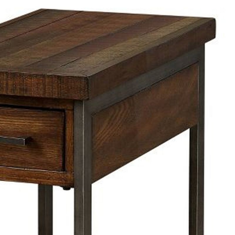 Rectangular Wood and Metal Side Table with USB Outlet, Brown and Gray-Benzara