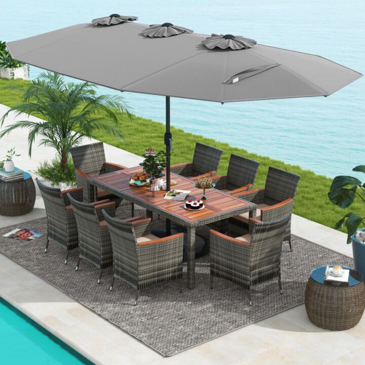 Hivvago 10 Pieces Patio Wicker Dining Set with 15 Feet Double-Sided Patio Umbrella
