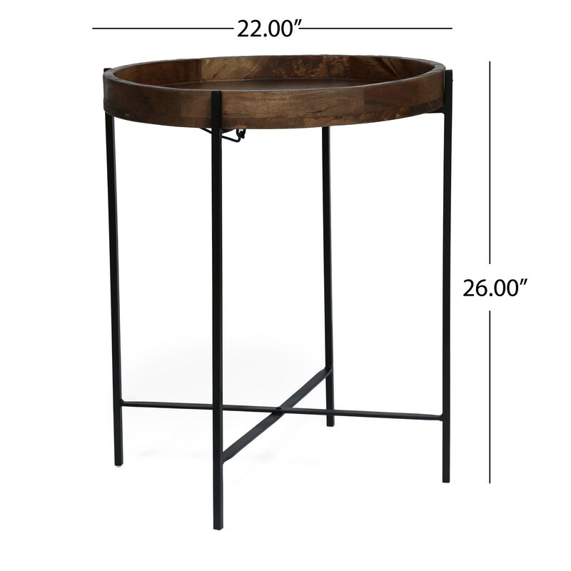 Peo Modern Side End Table, 22 Inch Round Wood Tray, Black Metal Base - Benzara