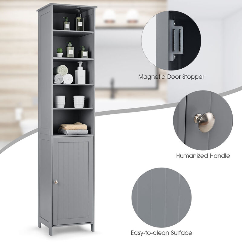 Costway 72''H Bathroom Tall Floor Storage Cabinet Shelving Display Grey