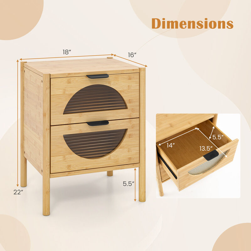 Nightstand with 2 Storage Drawers and Reeded Tempered Glass Fronts