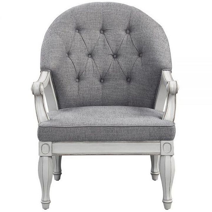 Fil 32 Inch Armchair, Tufted Backrest, Fabric Upholstery, Poplar Wood, Gray - Benzara