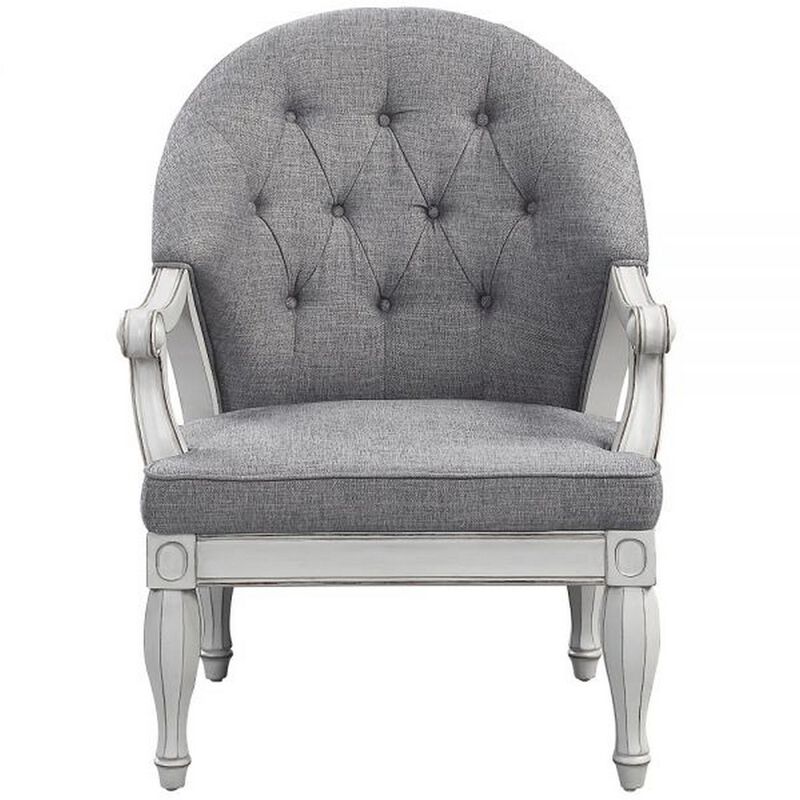 Fil 32 Inch Armchair, Tufted Backrest, Fabric Upholstery, Poplar Wood, Gray - Benzara
