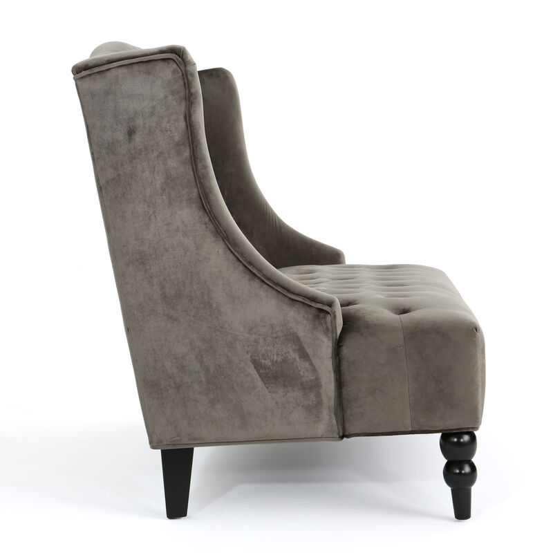 Lanny Loveseat Settee, Wingback Bench 50 Inch Wood, Tufted Gray Velvet - Benzara