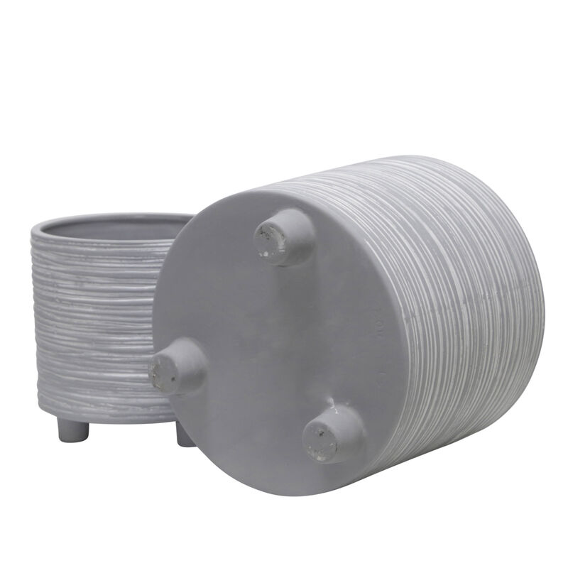 Footed Planter with Lines Gray