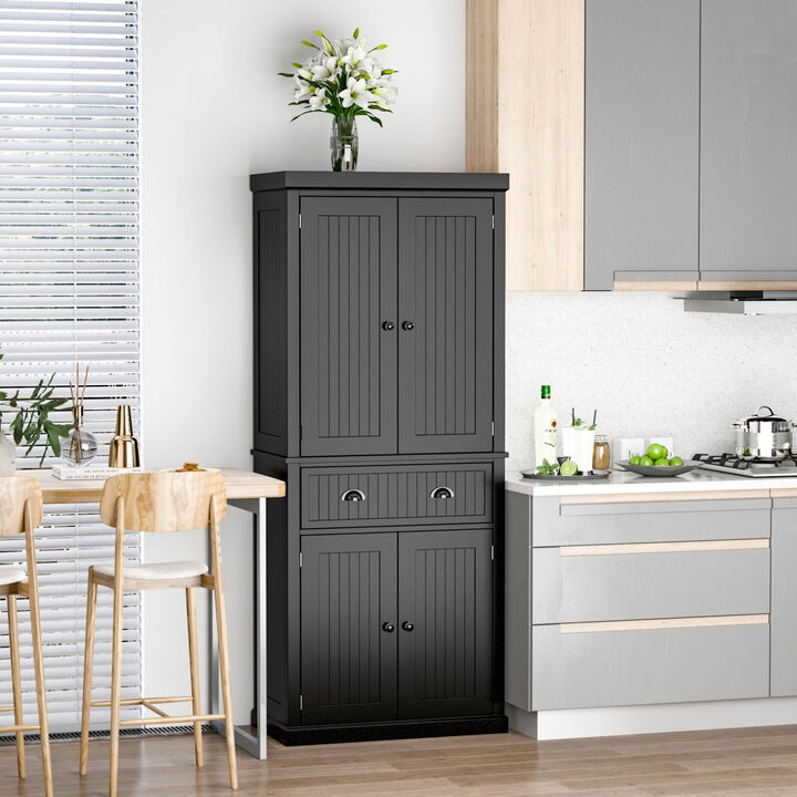 Black Kitchen Organizer: 72" Tall Pantry Cabinet with 4 Doors, 3 Shelves