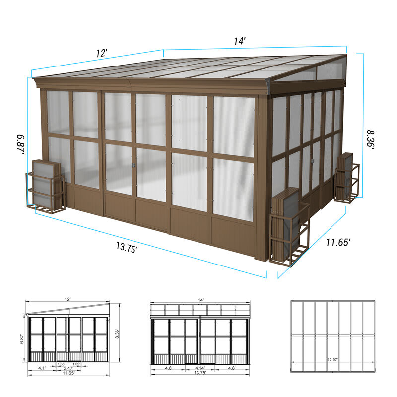 MONDAWE Lean to Sunroom 12x14FT Wall Mounted Solarium with Sloping Roof, Detachable Screens, 2 Lockable Sliding Doors