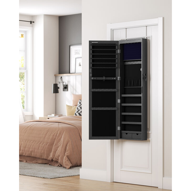 Mirror Jewelry Armoire with 6 LEDs - 47.2" Lockable Wall/Door Mounted Cabinet with 2 Drawers