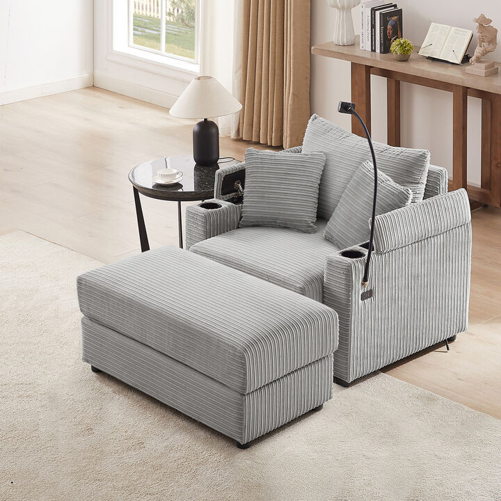 41.7" Modern Style Single Sofa Sofa Couch with Storage Space, A Movable Ottoman, Two USB Ports, Two Cup Holders, A Phone Holder for Living Room, Green