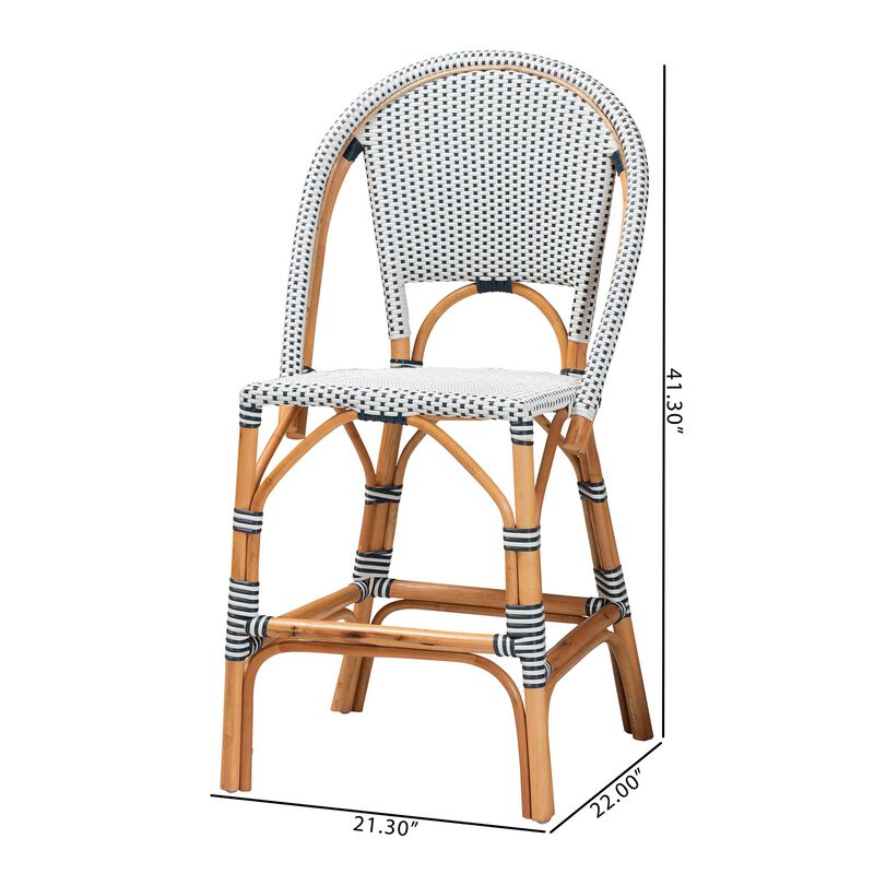 bali & pari Genica Classic French Two Tone Navy and White Weaving and Natural Rattan 2 Piece Counter Stool Set
