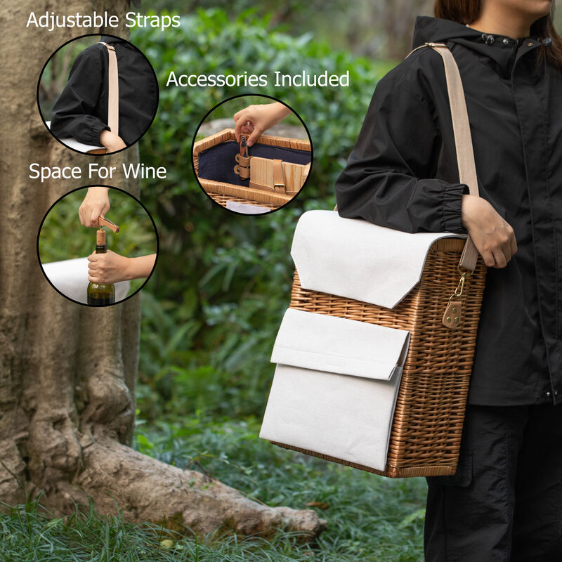 Wickerwise Wine & Cheese Picnic Basket - Wicker Tote Bag for Outdoor Parties, Camping, Travel & Celebrations - Wine Holder with Wooden Board - Ideal Present for Birthdays, Weddings and Thanksgiving