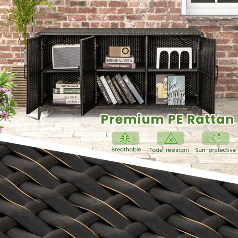 Hivvago 84 Gallon Patio Wicker Deck Box 3-Door PE Rattan Storage Container with Removable Shelves