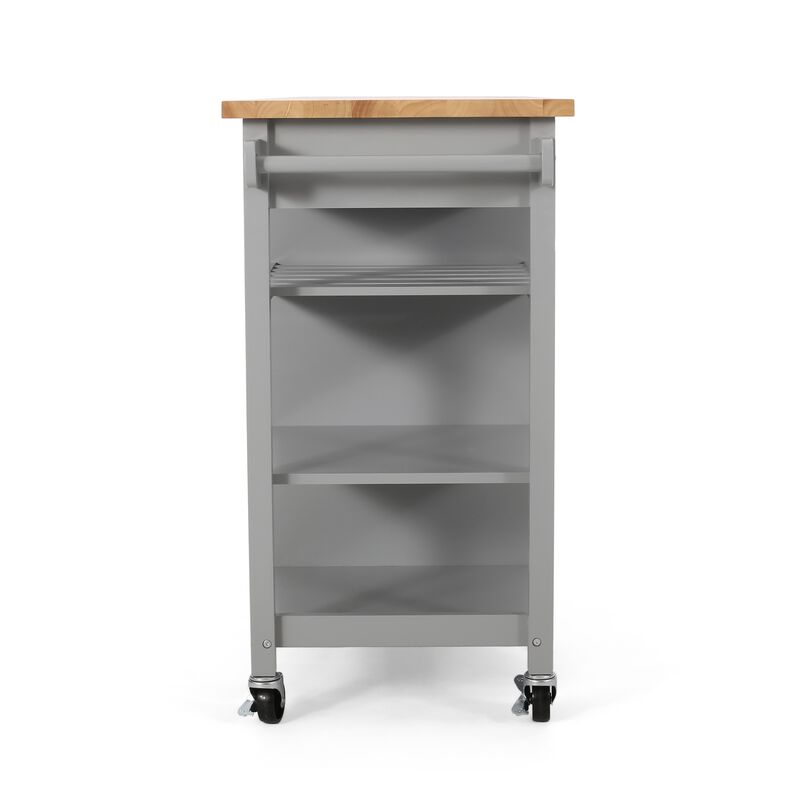 Alex Rolling Kitchen Bar Cart, 3 Shelves, 1 Cabinet, Brown Wood, Gray - Benzara
