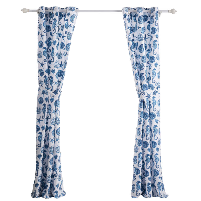 Riga 84 Inch Window Curtains, Blue Seashells Print, Microfiber, Rod Pockets - Benzara