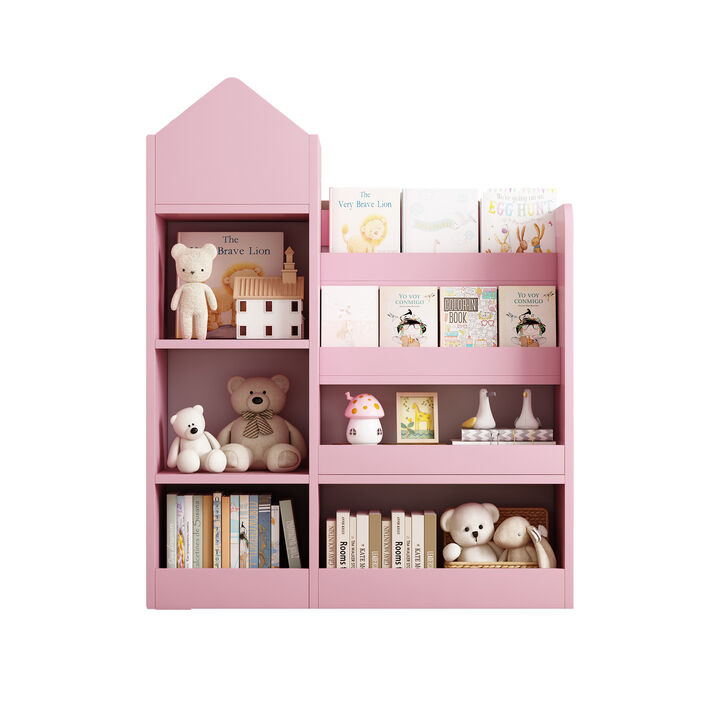 Kids Wooden Bookshelf Toy Storage Organizer with Bookcase, Kid's Bin Storage Unit with 6 Compartments 2 Baskets Bins Toys Box Organizer, Children Multi Shelf Cubby for Books, Toys Shelf