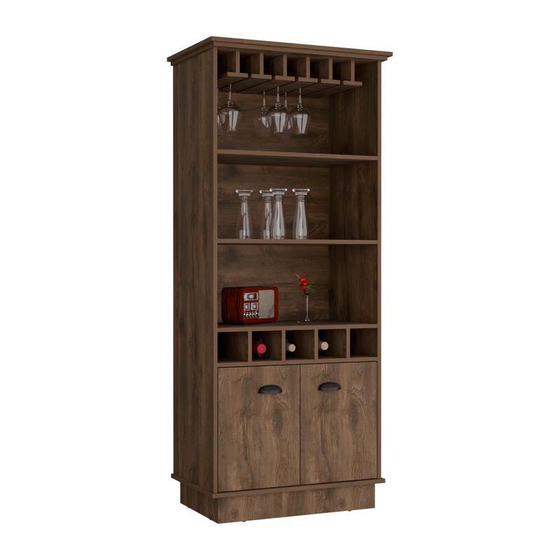 DEPOT E-SHOP Elon Bar Cabinet with Wine Rack  70"H, Upper Glass Cabinet, three Open Storage Shelves and One Cabinet,Dark Brown