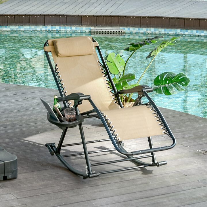 Beige Backyard Relaxer: Zero Gravity Rocker with Headrest & Accessories
