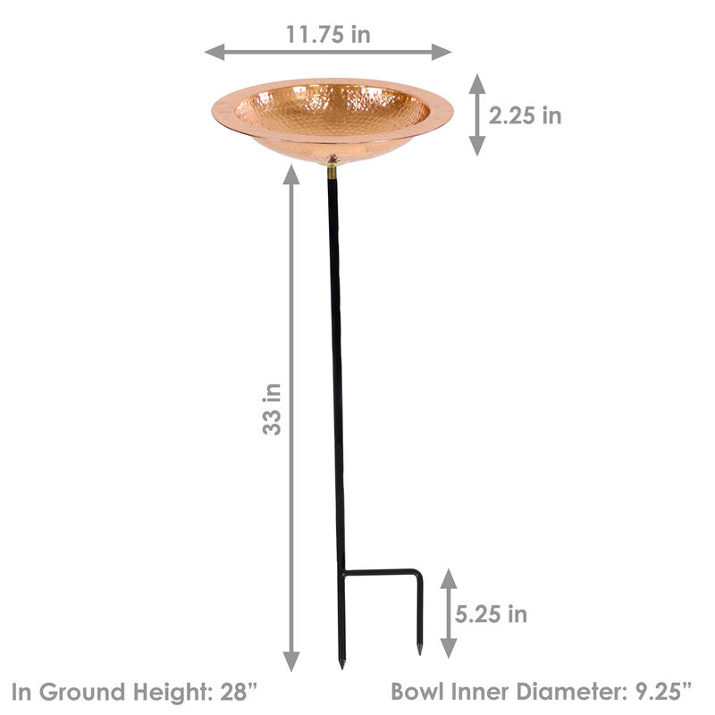 Sunnydaze Copper Hand-Hammered Standing Bird Bath or Bird Feeder with Stake