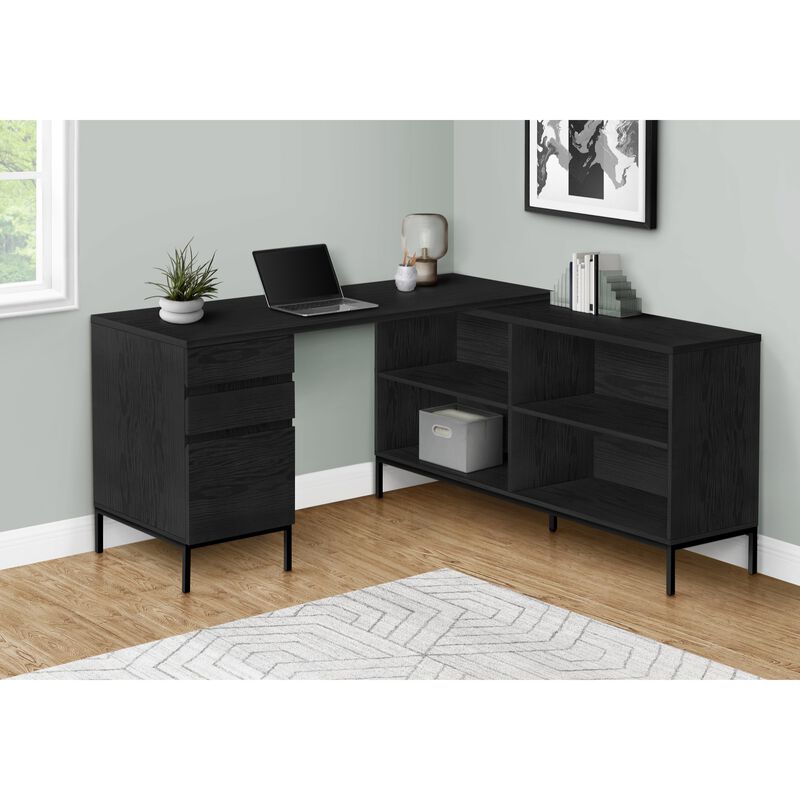 Computer Desk, Home Office, Corner, Storage Drawers, 60"L, L Shape, Work, Laptop, Metal, Laminate, Black, Contemporary, Modern