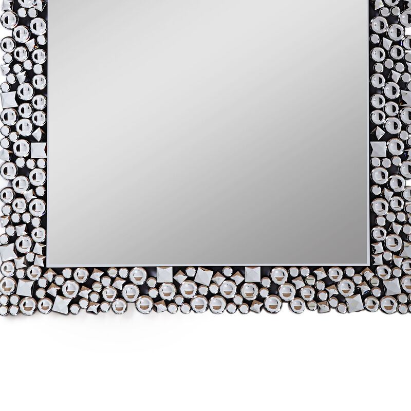 Wooden Backing Wall Decor with Faux Crystals Inlaid Border, Black and Clear-Benzara