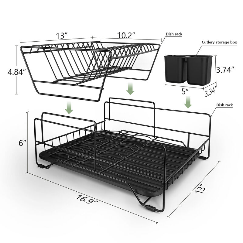 Dish Drying Rack, Metel 2-Tier Dish Rack Utensil Holder Kitchen Black